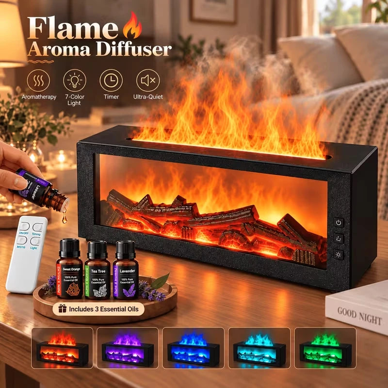 Flame aroma diffuser with remote, 3 essential oils and 7 light colors