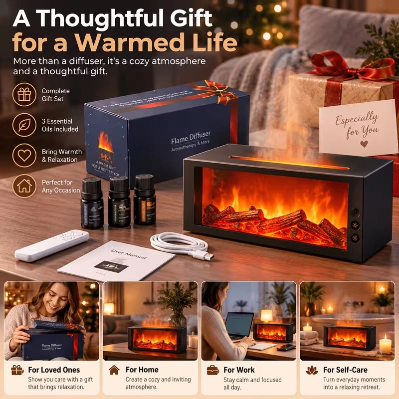 Flame aroma diffuser gift set in its gift box with essential oils