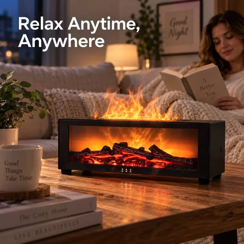 Fireplace flame diffuser on a side table in a living room