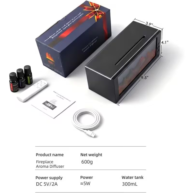 Flame diffuser size and what's in the box: diffuser, remote, USB cable