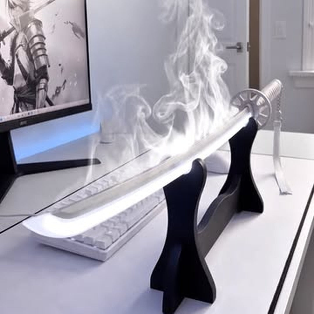 White LED katana pouring cool mist on a white desk setup