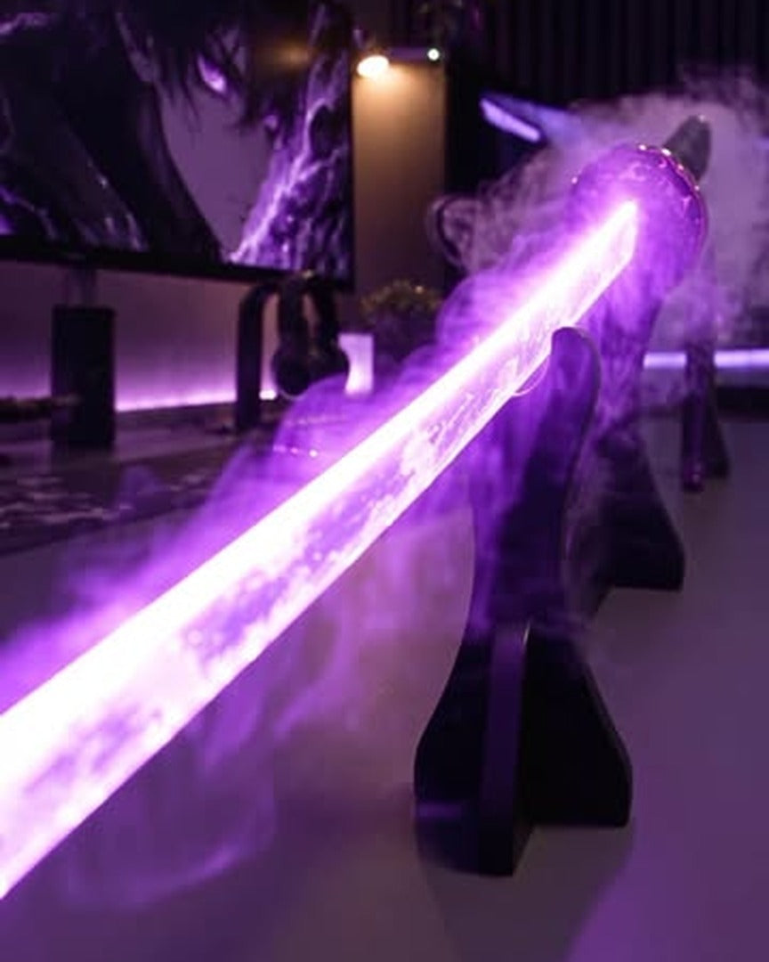 Purple LED katana with glowing mist close-up