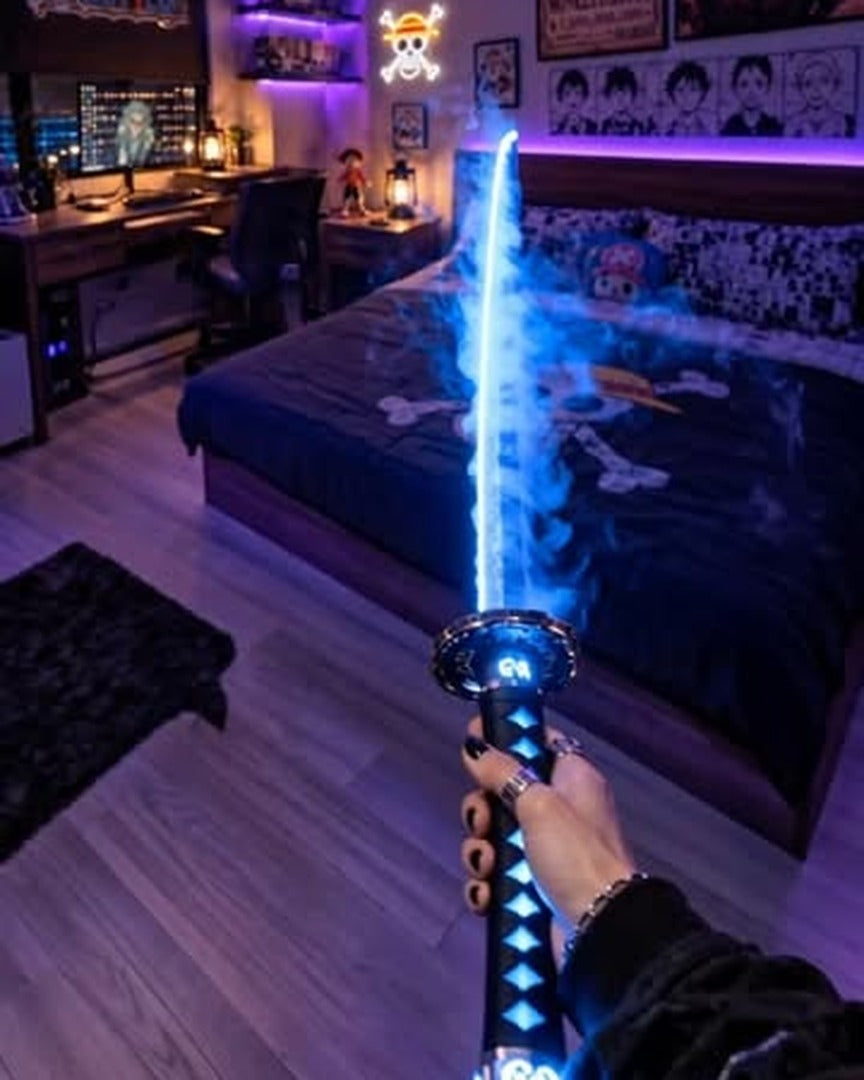 Blue LED katana in an anime bedroom