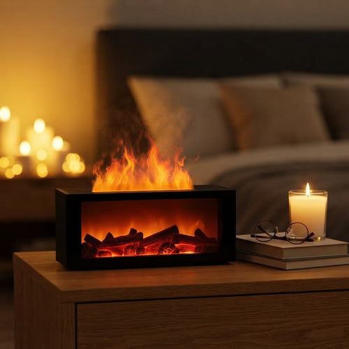 Flame aroma diffuser glowing on a wooden bedroom nightstand next to a candle