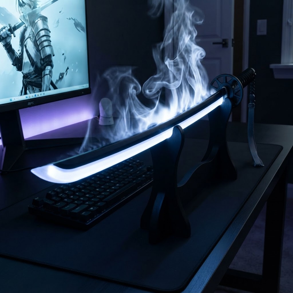 Black LED mist katana in a dark gaming room